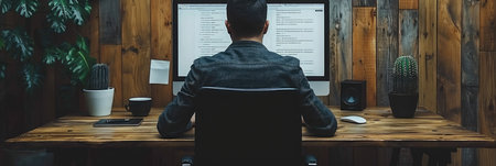 A person is focused on their computer screen in a well designed home office filled with greenery.の素材