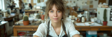A focused artist sits at a cluttered table in a bright studio, surrounded by various art materials and plants.の素材