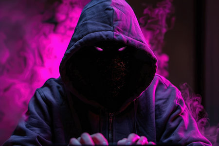 A hooded figure with glowing eyes interacts with a device, enveloped in an aura of purple smoke and shadows.の素材