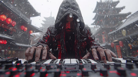 A musician wearing a hooded jacket passionately plays an electronic keyboard amid falling snow in a historic village.の素材