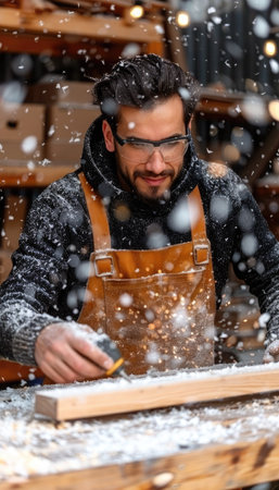 A skilled artisan shapes wood with precision, surrounded by snowfall inside a rustic workshop.の素材