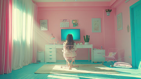 A person sits in a pastel colored room, focused on a screen, surrounded by artistic decor and natural light.の素材