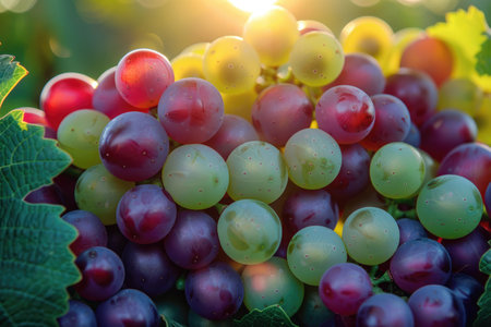 A vibrant display of various grapes glistens with dew in a sunlit vineyard, showcasing nature\'s bounty.の素材