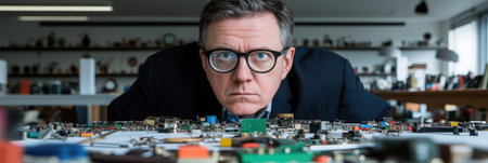 The individual closely inspects a collection of circuit boards, surrounded by an organized workspace filled with electronic items.の素材