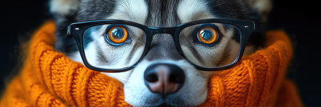 A dog dressed in an orange sweater sits quietly, wearing glasses that enhances its curious expression.の素材