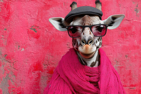 A giraffe wearing a scarf and glasses strikes a fashionable pose in front of a bright pink wall, showing its unique style.の素材