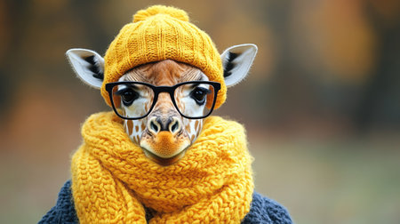 A giraffe is seen sporting a yellow knitted hat and scarf, combining playful fashion with the beauty of autumn.の素材