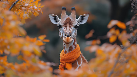 A giraffe stands gracefully, adorned with an orange scarf, surrounded by vibrant autumn foliage.の素材