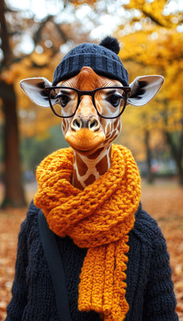 A giraffe dressed in fashionable accessories stands amidst colorful autumn leaves, displaying a whimsical scene.の素材
