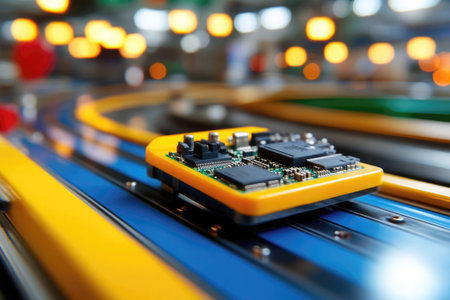 A yellow circuit board moves along a track, showcasing technology at a lively exhibition hall filled with visitors.の素材