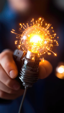 A person holds a glowing light bulb that emits sparks, symbolizing excitement and creativity in an indoor environment.の素材