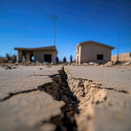 The ground is fractured, revealing damage to nearby abandoned buildings after an earthquake.の素材
