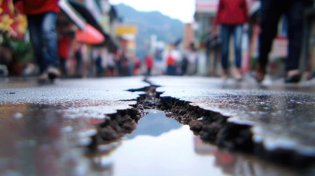 A deep crack runs along the rain soaked pavement as pedestrians walk by, highlighting urban infrastructure concerns.の素材