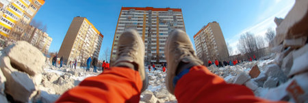 Rescue workers and volunteers sift through debris in search of survivors following a significant earthquake.の素材