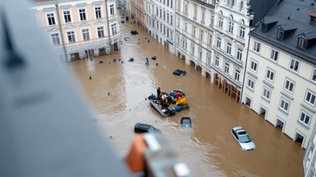 Heavy rain has caused significant flooding in the city, leaving cars submerged and rescue operations ongoing.の素材