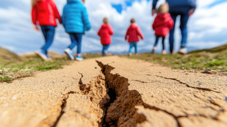 A group of children in colorful jackets walks along a path with visible cracks, surrounded by nature.の素材