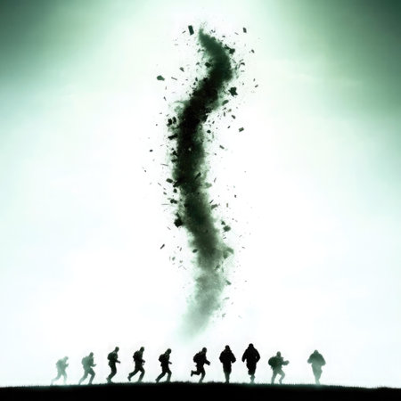 A line of soldiers sprints across a grassy field as a powerful tornado twists upward, creating a striking contrast in the sky.の素材
