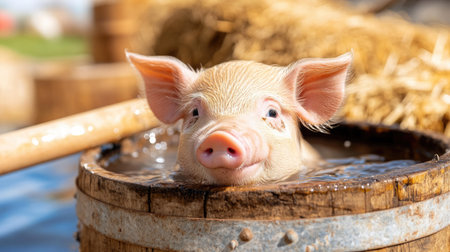 A playful piglet bathes in a wooden barrel under the sun, showing its adorable features and joyful spirit.の素材