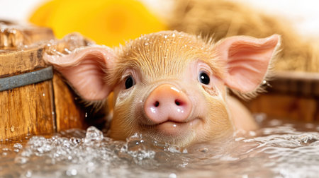 A cheerful piglet splashes in a wooden tub filled with water and bubbles, surrounded by straw.の素材