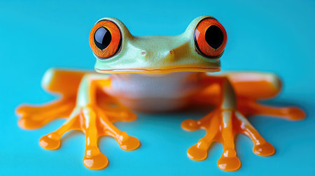 A brightly colored frog with orange eyes and orange webbed feet sits on a turquoise surface, showing its vibrant appearance.の素材