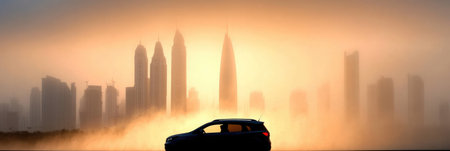 The sun sets behind Dubai\'s skyline, casting a warm glow over the silhouettes of skyscrapers and a car.の素材