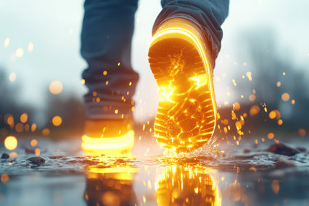 A person walks on wet pavement at night, leaving glowing trails from their bright sneakers in the rain.の素材