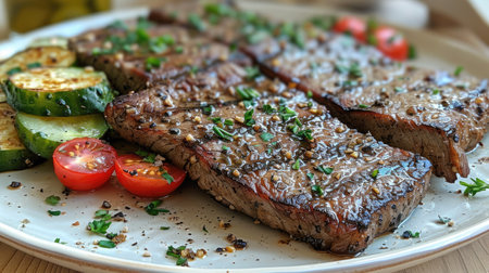 Tender grilled steak is beautifully plated with fresh zucchini and cherry tomatoes, perfect for a summer gathering.の素材