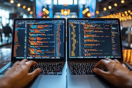 A programmer types on two laptops showing colorful code in a lively co working environment filled with warm lights.の素材