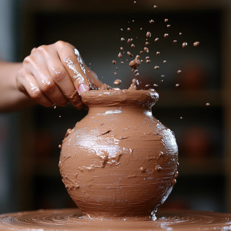 A skilled artisan shapes a clay pot on a pottery wheel, with clay splattering as they work diligently.の素材