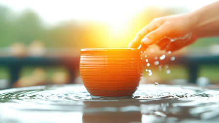 A hand skillfully molds a clay pot on a spinning wheel, illuminated by the warm rays of the sun.の素材