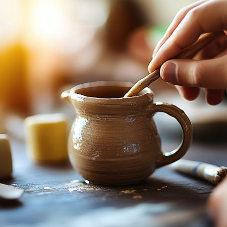 A person delicately paints a handcrafted pottery pitcher using a wooden brush in a bright studio.の素材