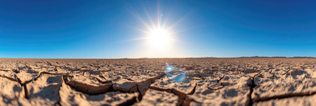 A vast expansion of cracked soil stretches beneath a bright sun in a dry, arid location, highlighting the effects of drought.の素材