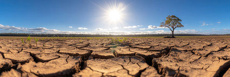 A parched landscape features dry, cracked earth and a solitary tree under a clear blue sky, highlighting the drought's impact.の素材