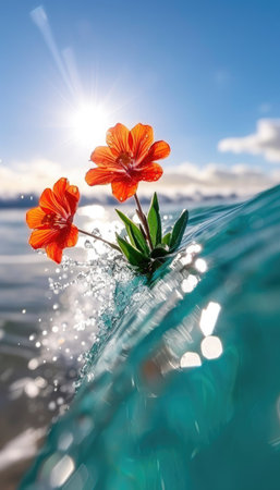 Colorful flowers rise above the turquoise water, capturing sunlight while waves gently splash around them.の素材