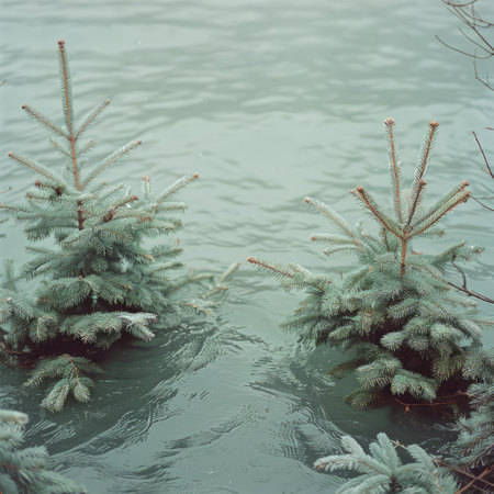 Two small evergreen trees rise above calm water, their reflections visible as twilight casts a soft glow.の素材