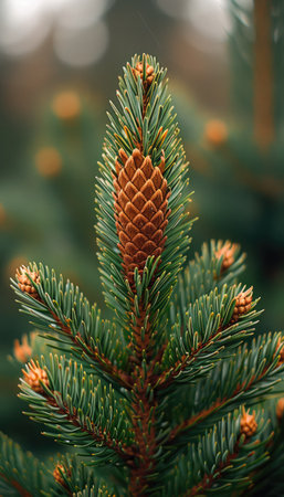 Lush green pine branches cradle a detailed pine cone, showing nature's beauty in a tranquil forest.の素材
