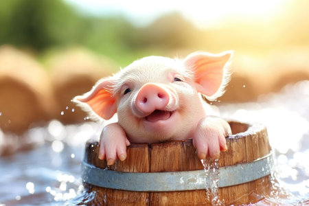A cheerful piglet relaxes in a wooden barrel, splashing water while basking in the sunlight on a farm.の素材
