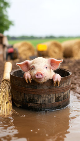 The piglet playfully splashes in the wooden bucket, surrounded by wet ground and farm scenery on a cloudy day.の素材