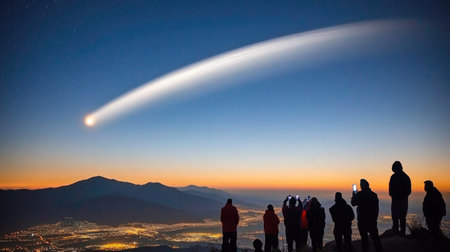 Under a twilight sky, a group watches in awe as a comet streaks across the horizon, illuminating the mountains.の素材