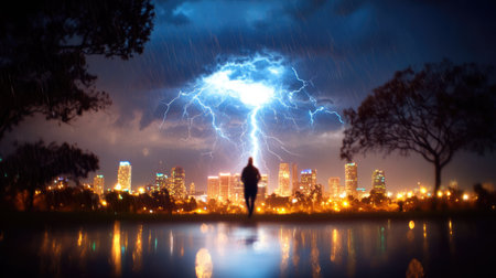 A person stands in reflection as lightning illuminates the city skyline during a powerful storm.の素材