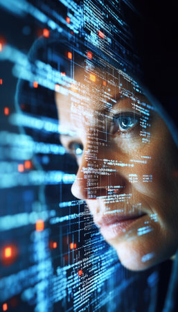 A focused woman examines intricate patterns of data displayed on a digital interface in a dark setting.の素材