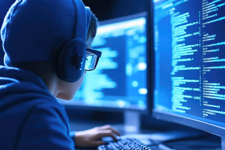 A young person wearing a hoodie and headphones focuses intently on coding across multiple computer screens.の素材