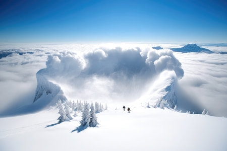 Two hikers traverse a breathtaking snowy landscape above the clouds, showing nature's beauty and adventure.の素材