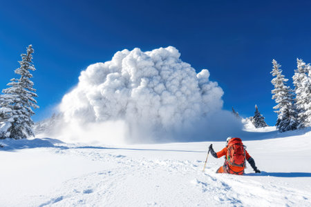 A stunning scene captures a skier witnessing a massive avalanche cascading down a snowy slope under a bright blue sky.の素材