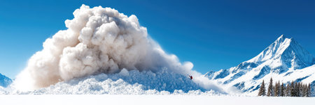 A powerful avalanche cascades down a snow-covered mountain, showing the beauty and danger of winter sports and nature's forces.の素材