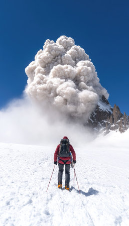 A climber stands against a backdrop of an erupting avalanche, capturing the power of nature in this breathtaking mountain scene.の素材