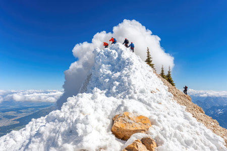 Adventurers trek towards the summit of a snow-covered mountain, enjoying breathtaking views and clear blue skies.の素材