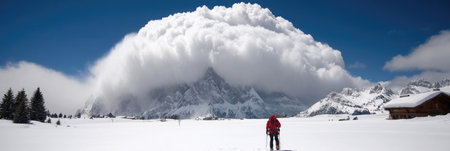 The hiker navigates a snowy landscape while impressive clouds gather above the mountains, creating a stunning view.の素材