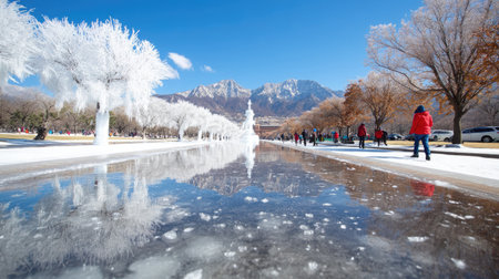 A picturesque winter day showcases icy trees and a reflective pathway as visitors stroll along a peaceful park.の素材