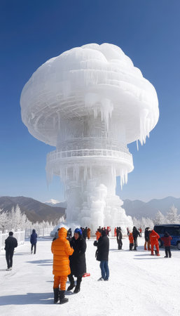 People gather at a large frozen structure, enjoying the winter scenery under a bright blue sky.の素材